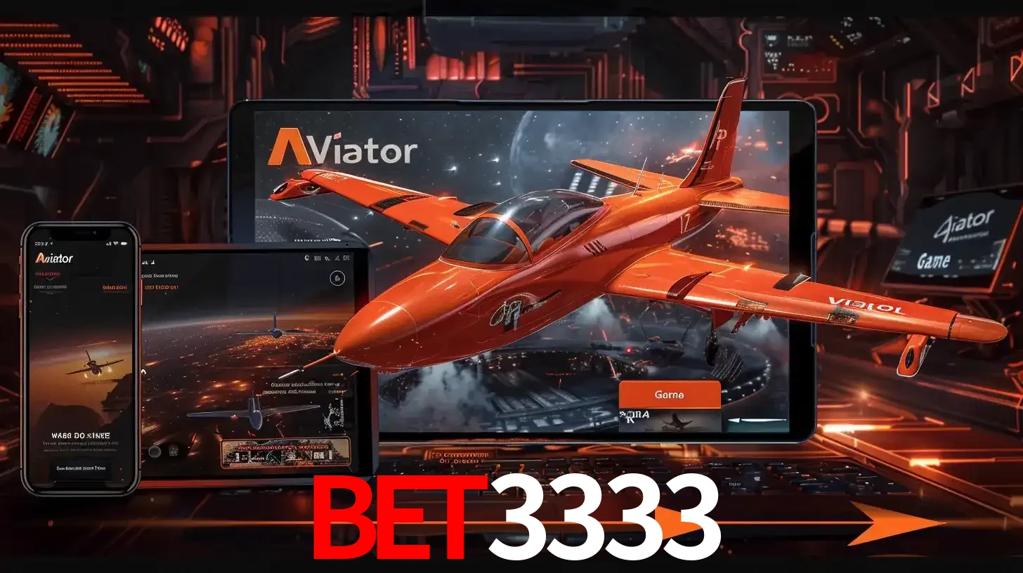 Apresentação tecnológica do jogo Aviator com um avião saindo da tela de um tablet, demonstrando a experiência imersiva em múltiplos dispositivos no BET3333.