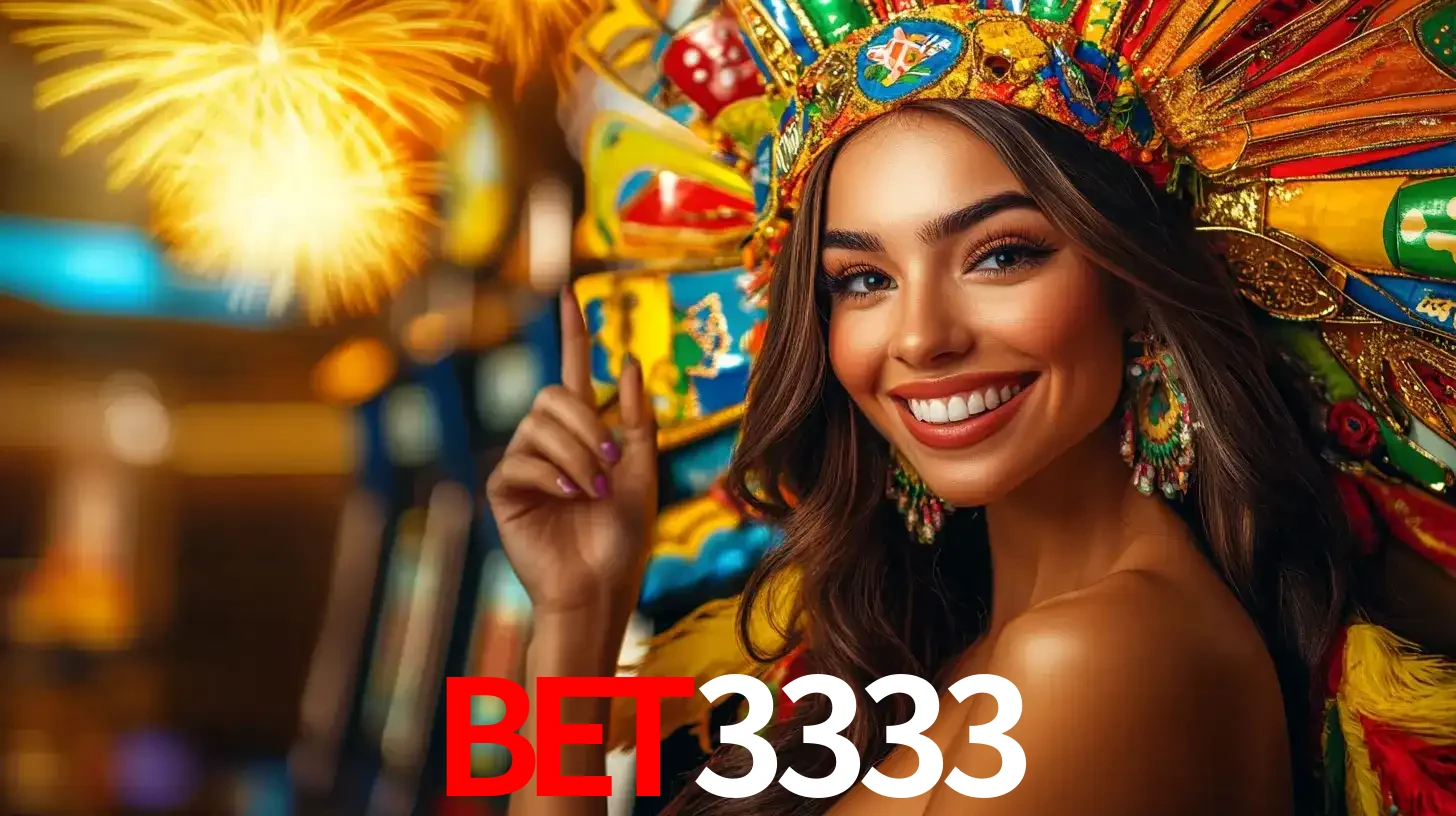 Mulher sorridente com um cocar de carnaval vibrante e colorido, celebrando uma grande vitória nos jogos do cassino BET3333 com fogos de artifício ao fundo.
