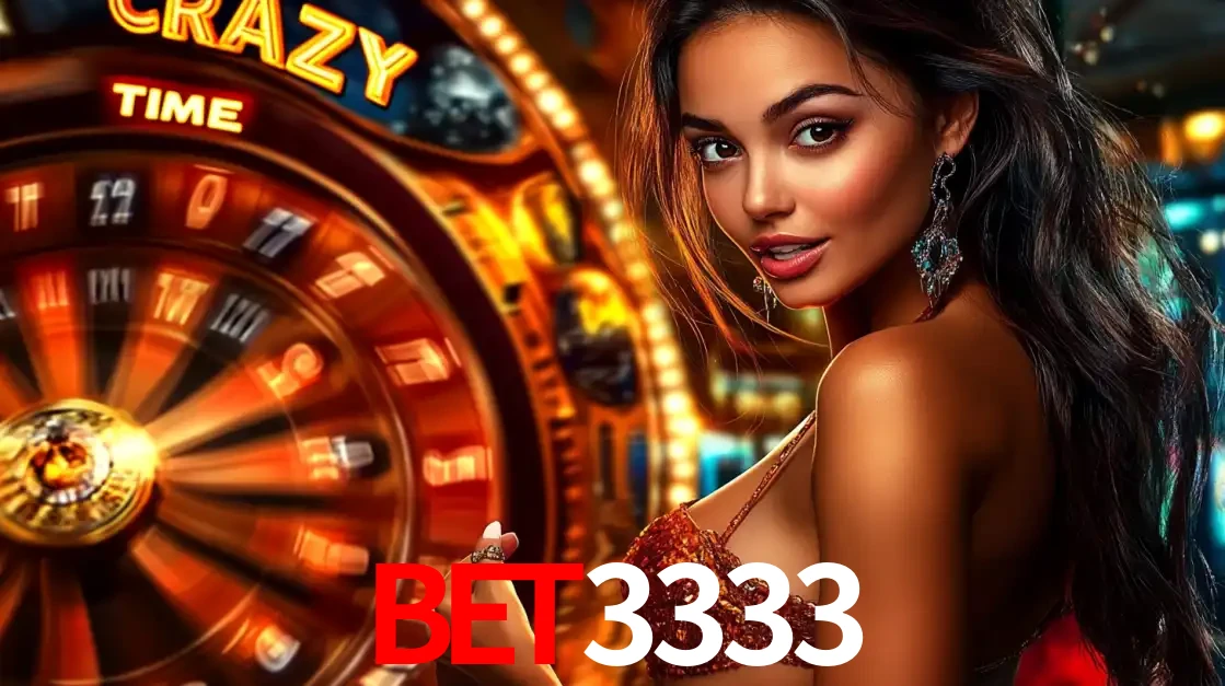Mulher ao lado da roda de prêmios do jogo de cassino ao vivo Crazy Time, um dos shows de jogos mais emocionantes oferecidos pela plataforma de apostas BET3333.