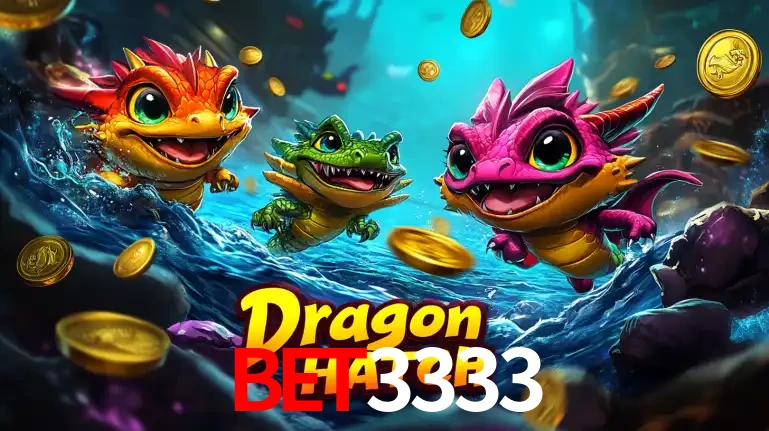 Arte promocional do jogo Dragon Hatch com três adoráveis dragões bebês nadando entre moedas de ouro, um dos slots mais divertidos para jogar no cassino BET3333.
