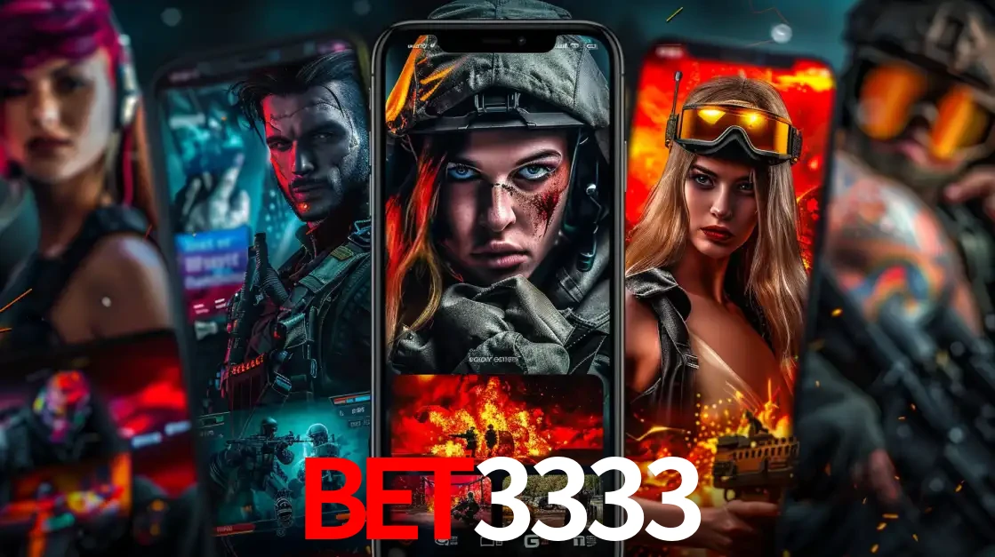 Montagem de telas de celular mostrando diversos personagens, masculinos e femininos, de um jogo de tiro, ilustrando a diversidade de equipes de e-sports para apostar no BET3333.