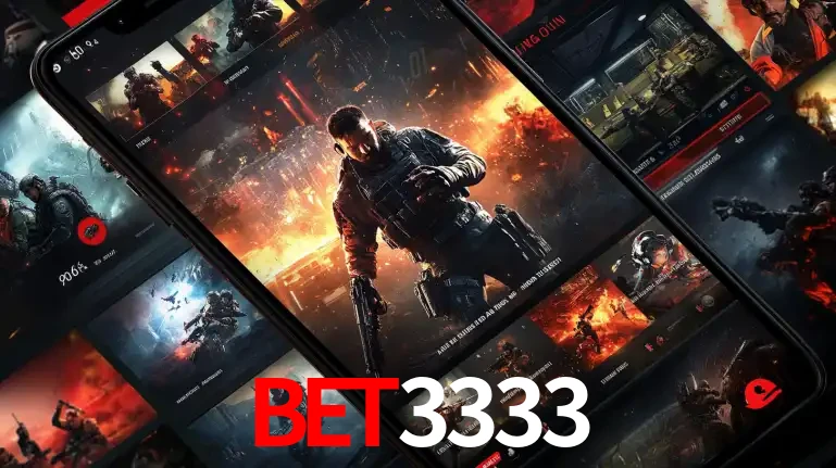 Tela de um celular exibindo uma galeria de jogos de tiro com temática militar, mostrando a variedade de e-sports disponíveis para apostas na plataforma de entretenimento BET3333.