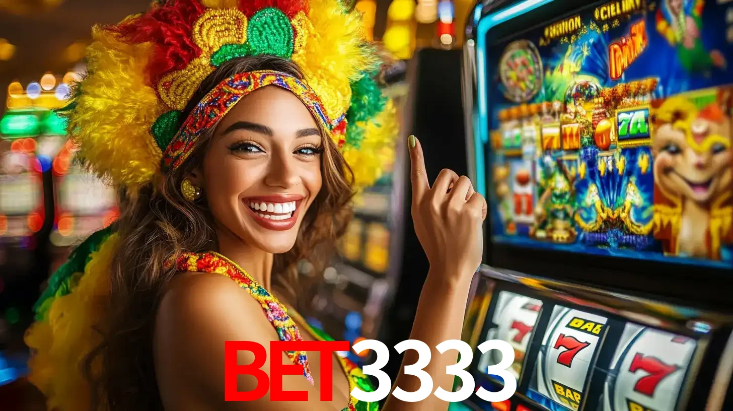 Mulher animada com um cocar de carnaval apontando para uma máquina de caça-níqueis, mostrando a emoção de ganhar um grande prêmio nos jogos do BET3333.