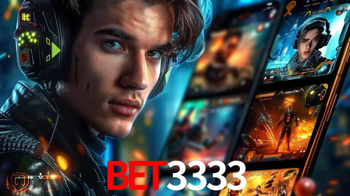 Jovem jogador com fones de ouvido olhando para a câmera, com um aplicativo de jogos e e-sports para celular ao fundo, pronto para a competição e apostas no BET3333.