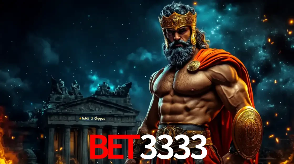 O poderoso Zeus do jogo de slot Gates of Olympus em frente ao seu templo, pronto para lançar multiplicadores divinos e prêmios épicos no cassino online BET3333.