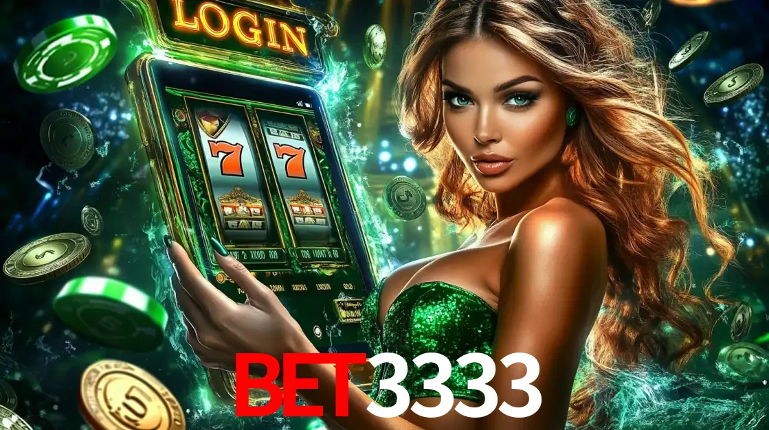 Mulher com tema verde apresentando o aplicativo do cassino BET3333 com um jogo de slot de 777, cercada por fichas de cassino e uma aura de sorte.