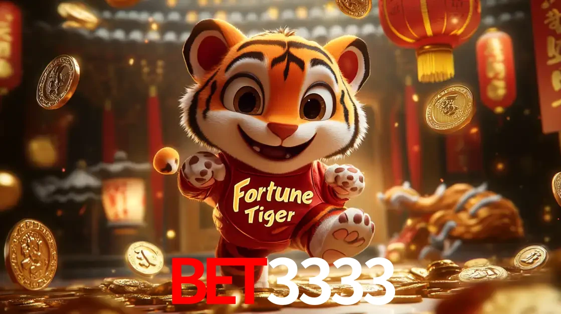 O alegre personagem do Fortune Tiger correndo sobre um caminho de moedas de ouro, simbolizando os grandes prêmios e a diversão do popular jogo de slot do BET3333.