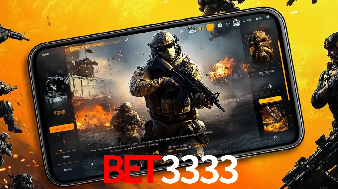 Um smartphone exibindo a interface de um jogo de tiro em primeira pessoa, com um soldado em um cenário de batalha, representando a ação dos e-sports para apostar no BET3333.