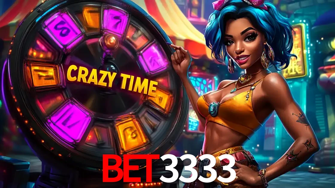 Mulher estilizada com cabelo azul e visual vibrante posando ao lado da roda de prêmios do game show Crazy Time, convidando para a diversão e os bônus do cassino BET3333.