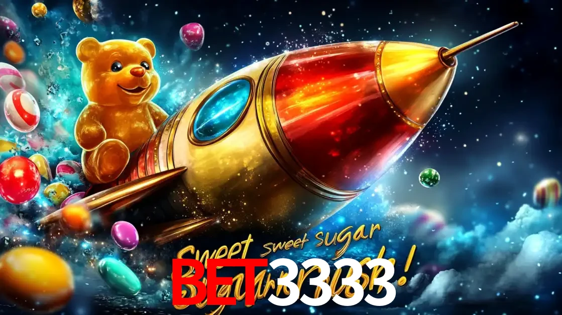Arte promocional do jogo de slot Sugar Rush, com um urso de pelúcia em um foguete viajando pelo espaço de doces, um dos jogos divertidos disponíveis no cassino BET3333.
