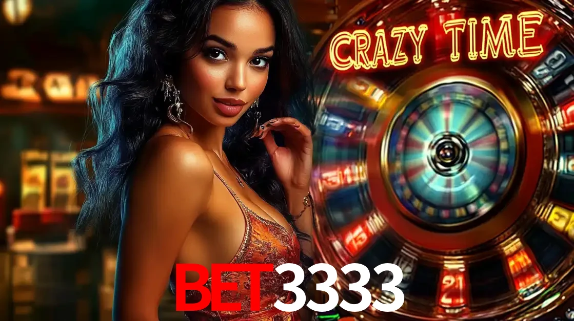 Mulher elegante ao lado da vibrante roda da fortuna do jogo de cassino ao vivo Crazy Time, um dos game shows mais populares e cheios de prêmios do BET3333.