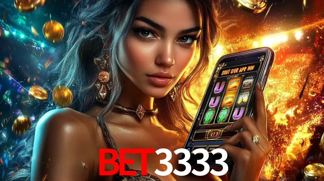 Mulher elegante mostrando um jogo de caça-níqueis em seu smartphone, destacando a experiência de cassino móvel oferecida pelo aplicativo BET3333.
