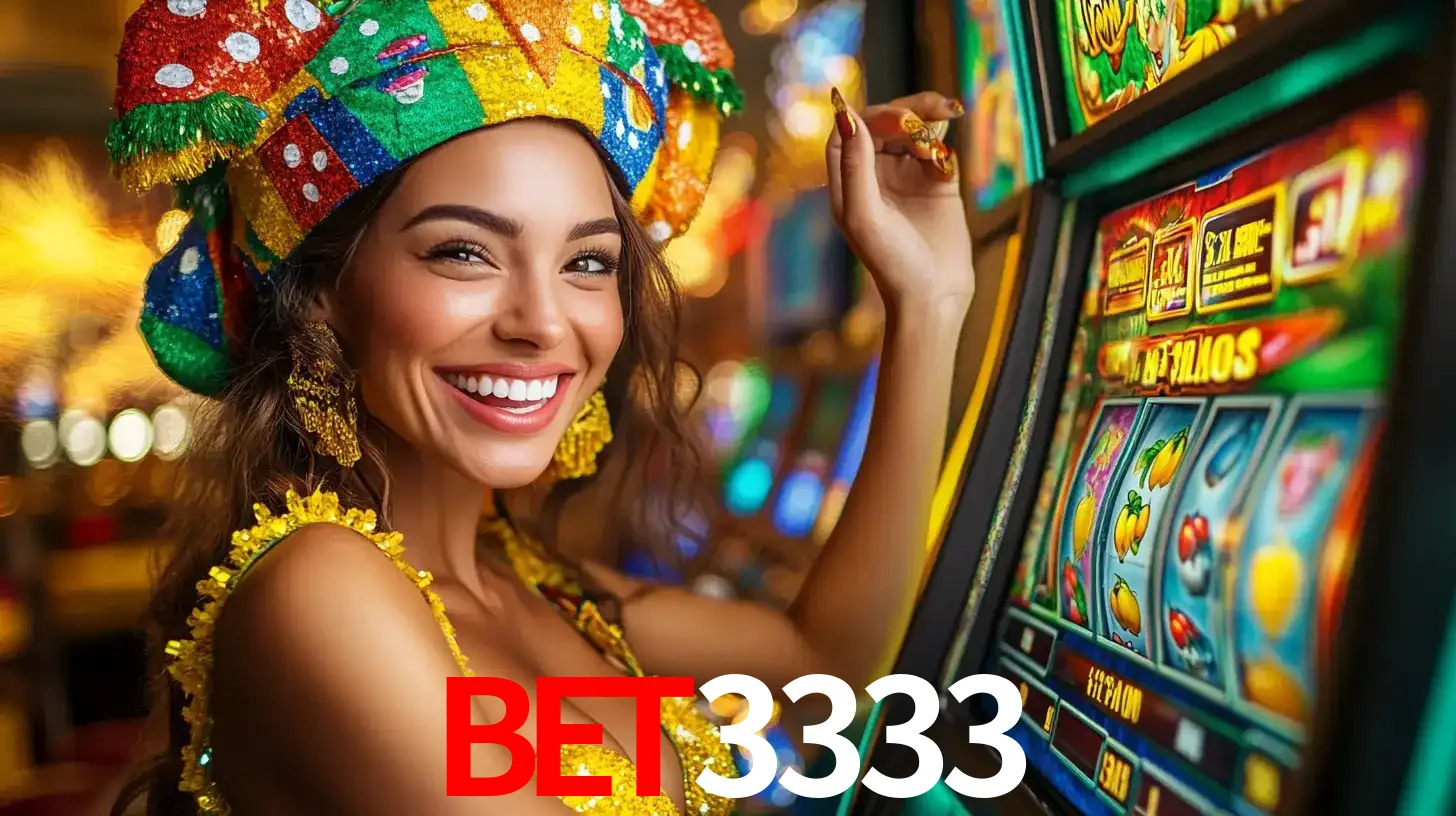 Mulher feliz com traje de carnaval amarelo e colorido ao lado de uma máquina de caça-níqueis, aproveitando a diversão e os jogos temáticos do cassino BET3333.