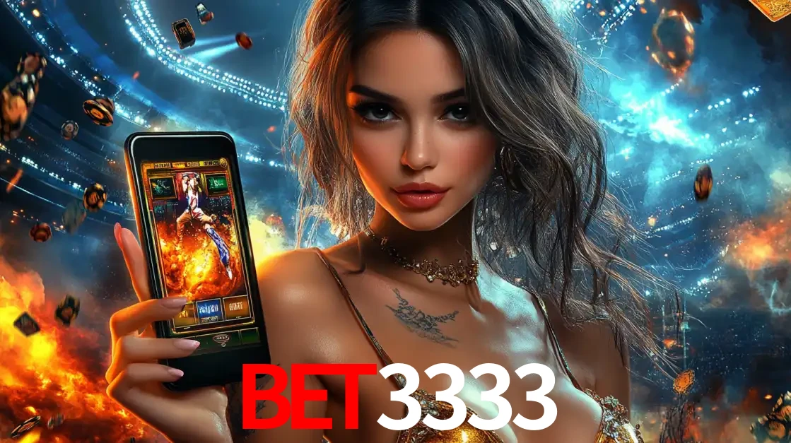 Mulher segurando um celular com um jogo de slot em destaque, tendo como fundo um estádio vibrante, simbolizando a emoção de jogar no cassino móvel BET3333.